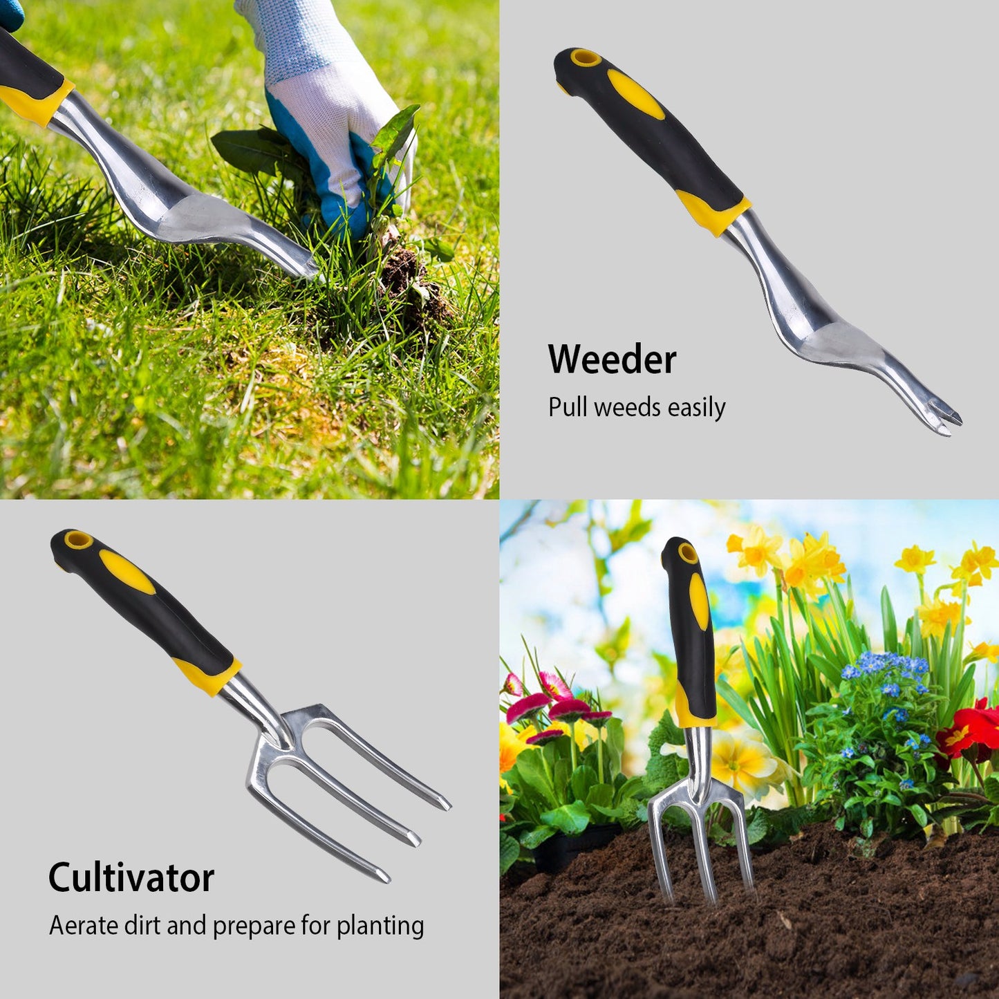 5Pcs Garden Tool Set Heavy Duty Aluminum Gardening Hand Tool Kit with Non-Slip Handle Rake Trowel Weeder Shovel