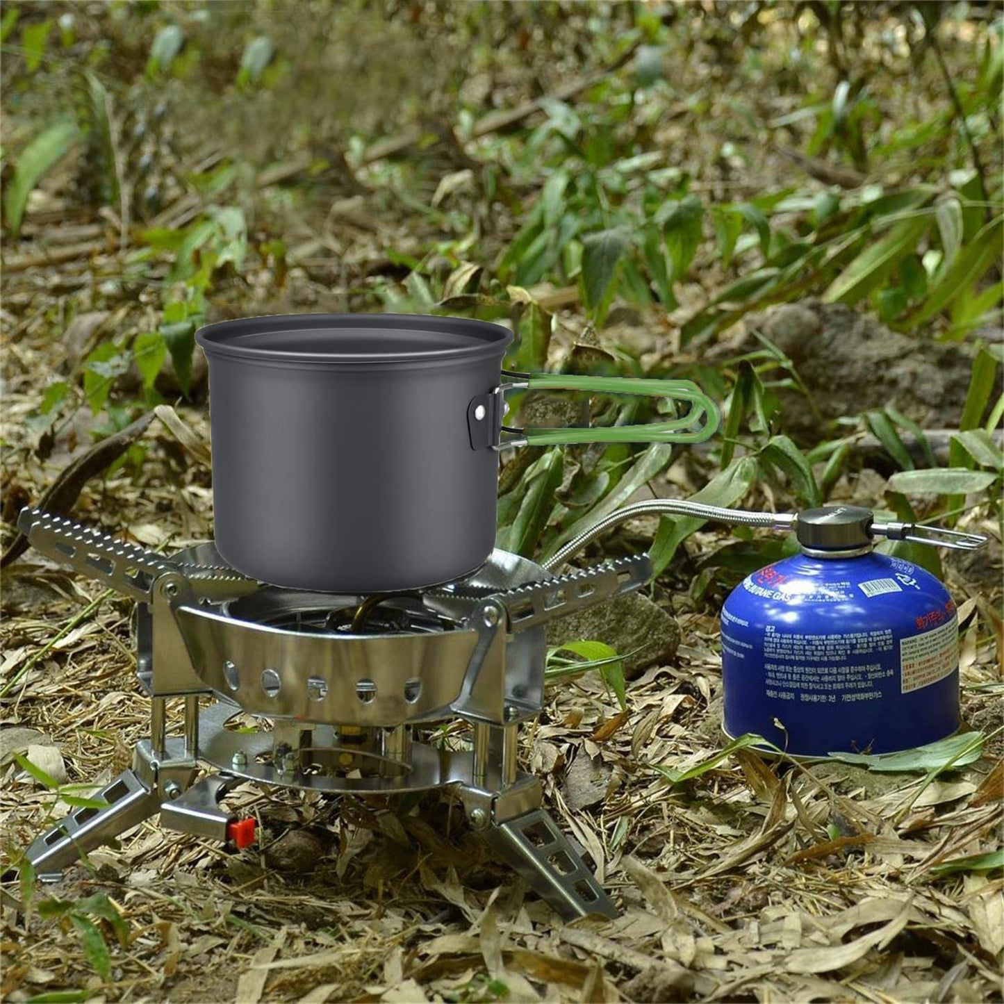 8Pcs Camping Cooking Ware Set Camping Stove Cookware Set Aluminum Pot Foldable Knife Fork Spoon Set for Hiking Picnic Outdoor