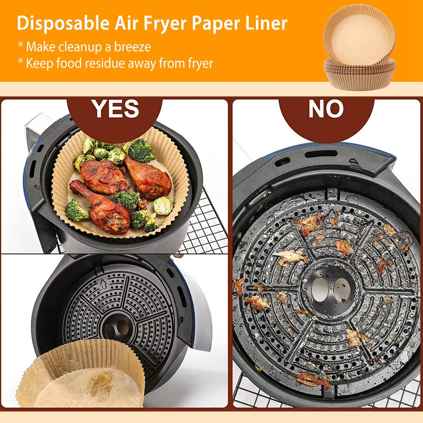 50Pcs Disposable Air Fryer Paper Liner Waterproof Non-Stick Oil-proof Parchment Paper Cooking Baking Paper φ6.29in