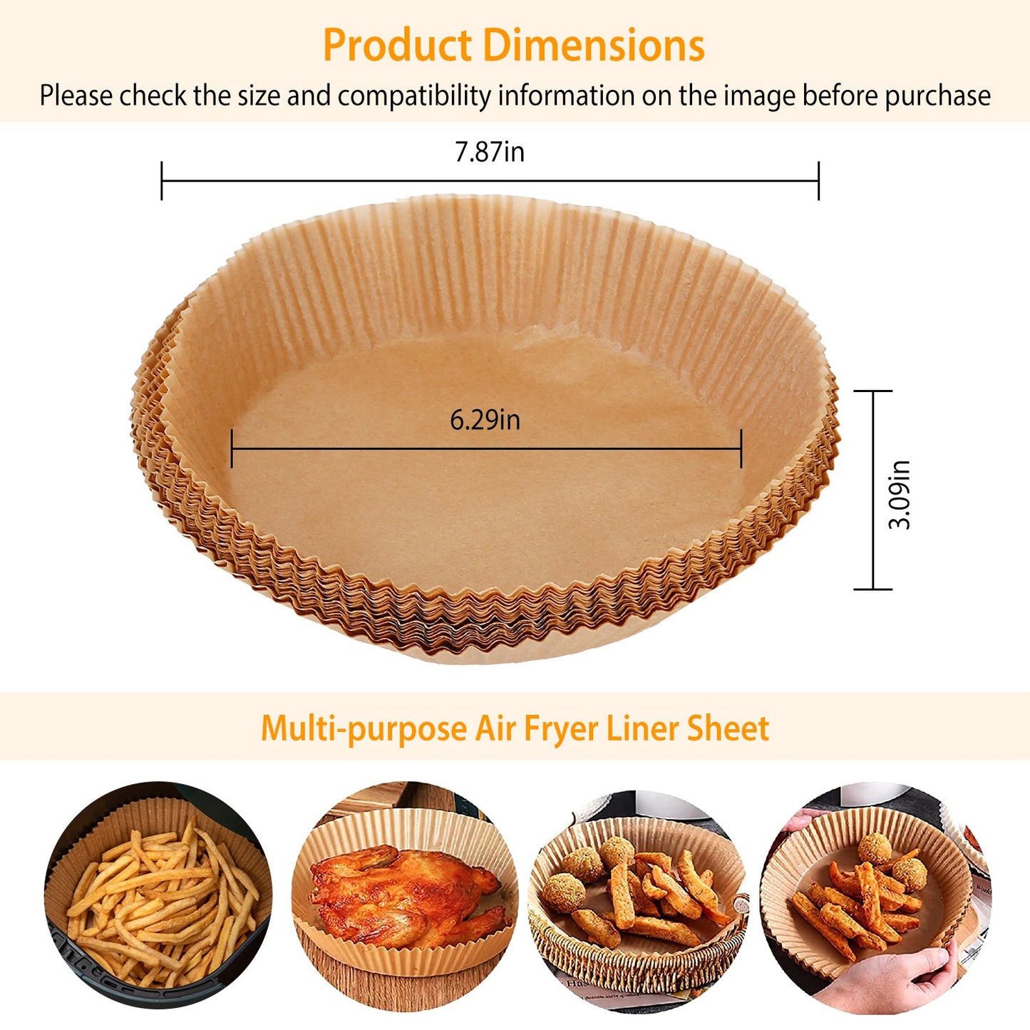50Pcs Disposable Air Fryer Paper Liner Waterproof Non-Stick Oil-proof Parchment Paper Cooking Baking Paper φ6.29in