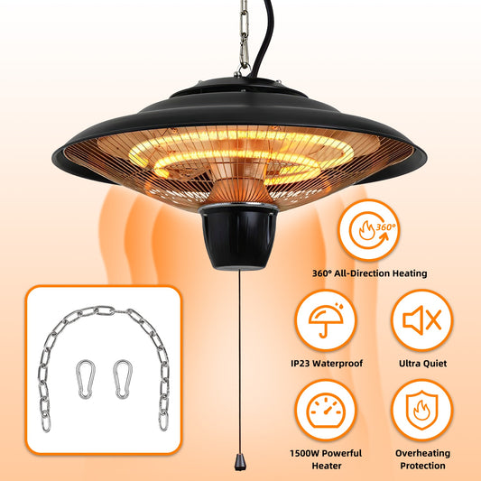 TeqHome 1500W Outdoor Hanging Patio Heater Ultra-Quiet Electric Heating Lamp IP23 Waterproof 2 Heating Levels Overheating Protection Ceiling Mounted Outdoor Heater