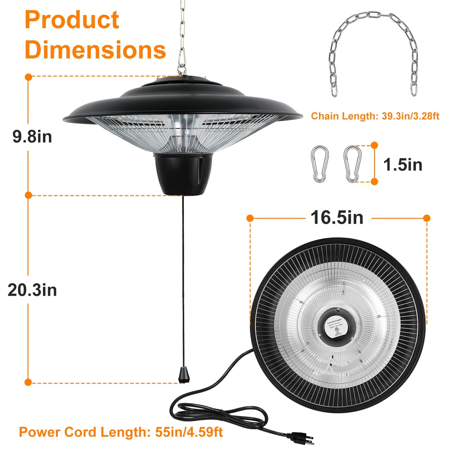 TeqHome 1500W Outdoor Hanging Patio Heater Ultra-Quiet Electric Heating Lamp IP23 Waterproof 2 Heating Levels Overheating Protection Ceiling Mounted Outdoor Heater