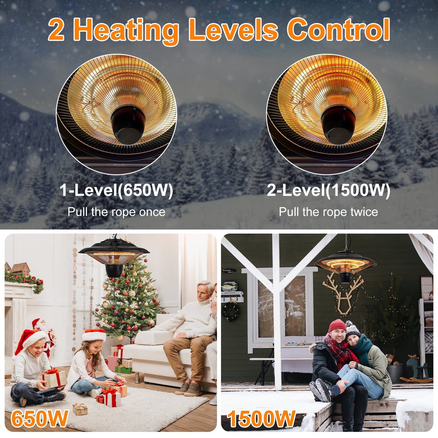 TeqHome 1500W Outdoor Hanging Patio Heater Ultra-Quiet Electric Heating Lamp IP23 Waterproof 2 Heating Levels Overheating Protection Ceiling Mounted Outdoor Heater
