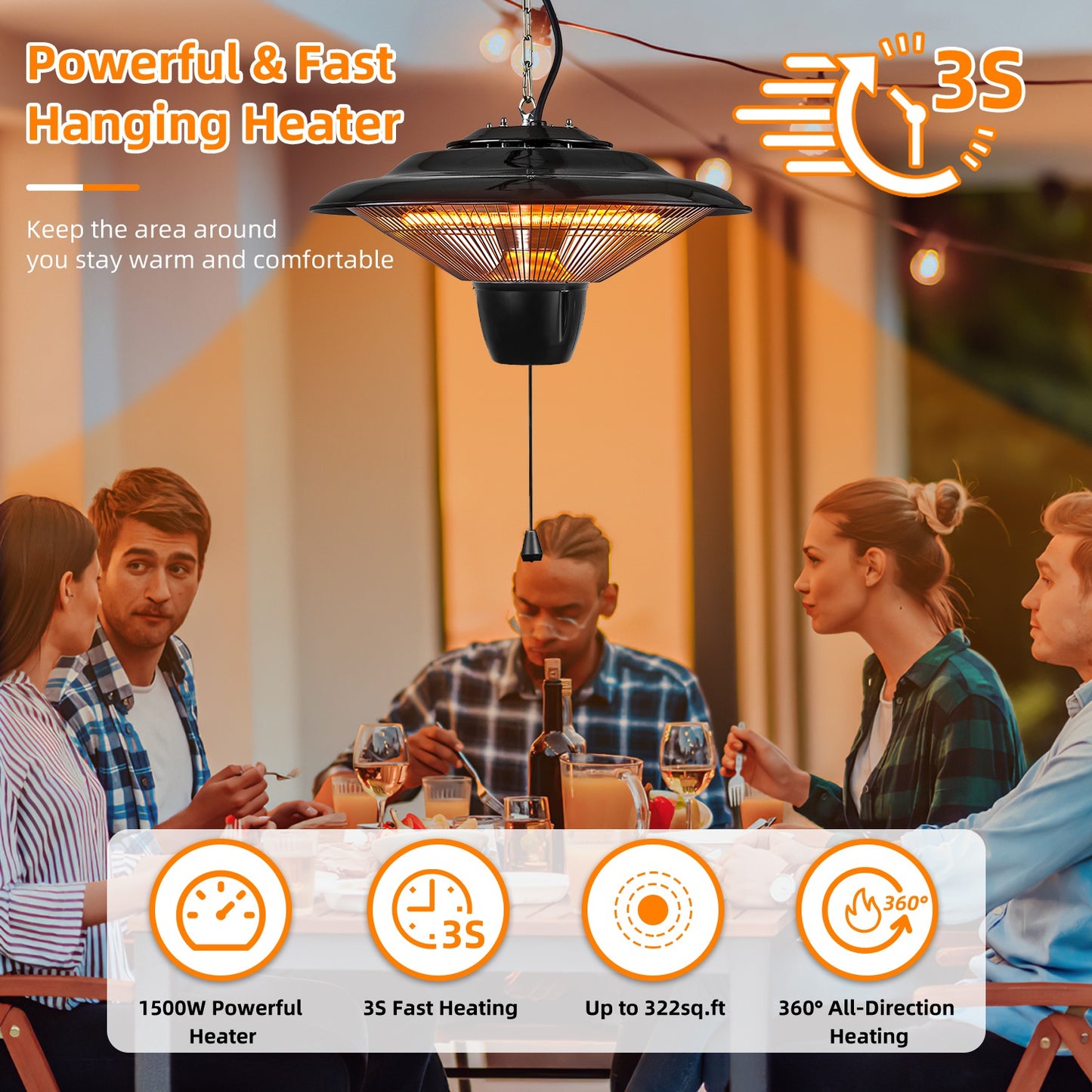 TeqHome 1500W Outdoor Hanging Patio Heater Ultra-Quiet Electric Heating Lamp IP23 Waterproof 2 Heating Levels Overheating Protection Ceiling Mounted Outdoor Heater