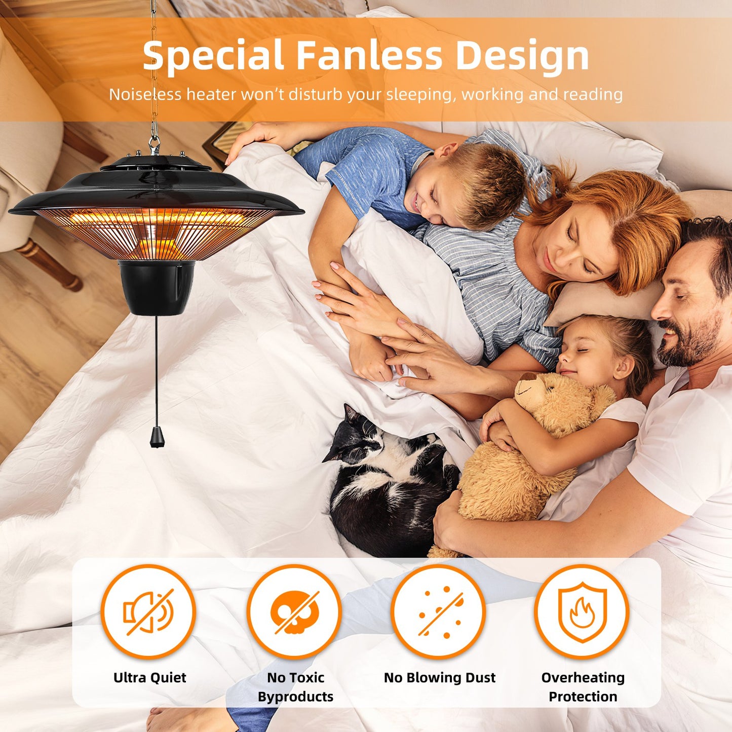 TeqHome 1500W Outdoor Hanging Patio Heater Ultra-Quiet Electric Heating Lamp IP23 Waterproof 2 Heating Levels Overheating Protection Ceiling Mounted Outdoor Heater