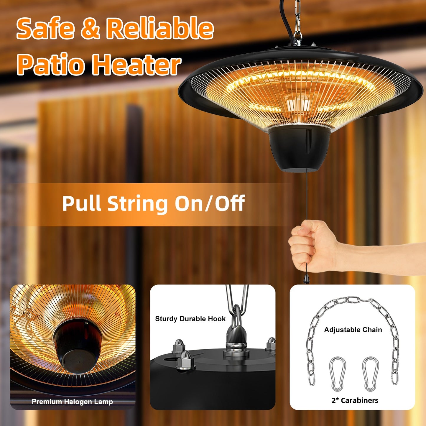 TeqHome 1500W Outdoor Hanging Patio Heater Ultra-Quiet Electric Heating Lamp IP23 Waterproof 2 Heating Levels Overheating Protection Ceiling Mounted Outdoor Heater