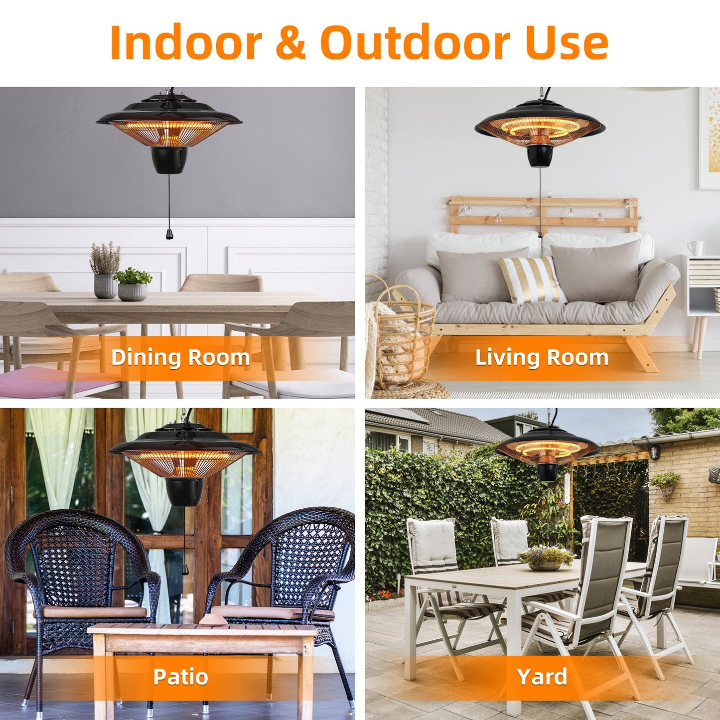 TeqHome 1500W Outdoor Hanging Patio Heater Ultra-Quiet Electric Heating Lamp IP23 Waterproof 2 Heating Levels Overheating Protection Ceiling Mounted Outdoor Heater