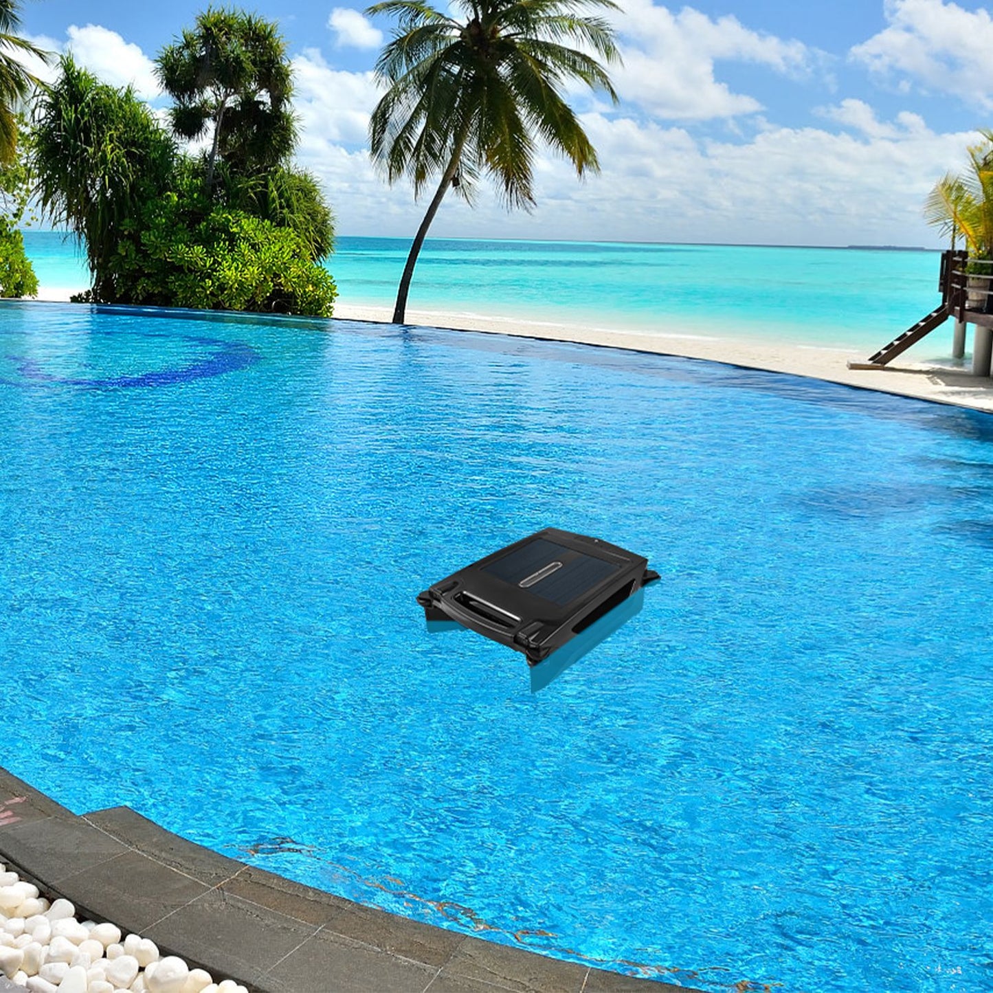 TeqHome Solar Powered Robotic Pool Skimmer Automatic Swimming Pool Surface Cleaner with 2 Cleaning Modes Dual Charging Methods IPX7 Waterproof 1937sq.ft Coverage APP Control