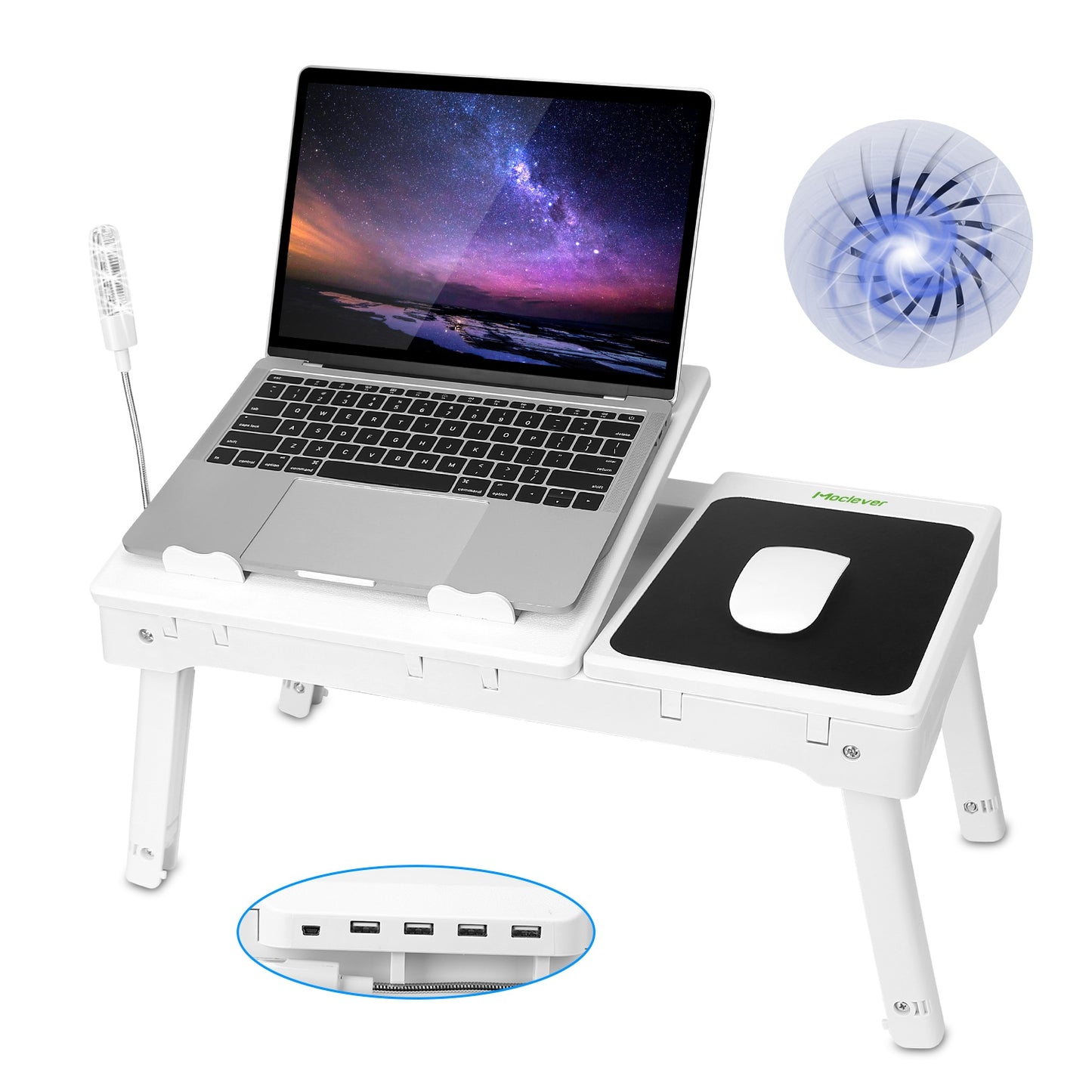 TeqHome Foldable Laptop Table Bed Notebook Desk w/Cooling Fan Mouse Board LED light 4 x USB Ports Breakfast Snacking Tray with Storage Groove For Home Office Use