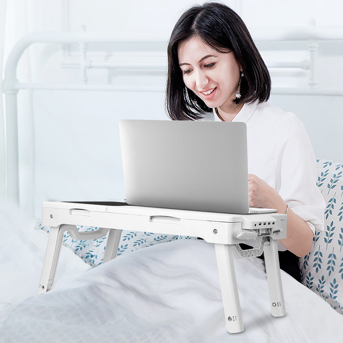 TeqHome Foldable Laptop Table Bed Notebook Desk w/Cooling Fan Mouse Board LED light 4 x USB Ports Breakfast Snacking Tray with Storage Groove For Home Office Use
