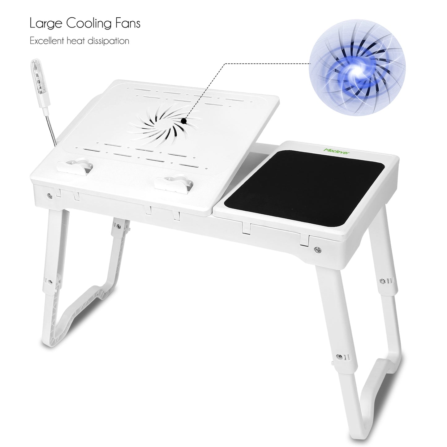 TeqHome Foldable Laptop Table Bed Notebook Desk w/Cooling Fan Mouse Board LED light 4 x USB Ports Breakfast Snacking Tray with Storage Groove For Home Office Use