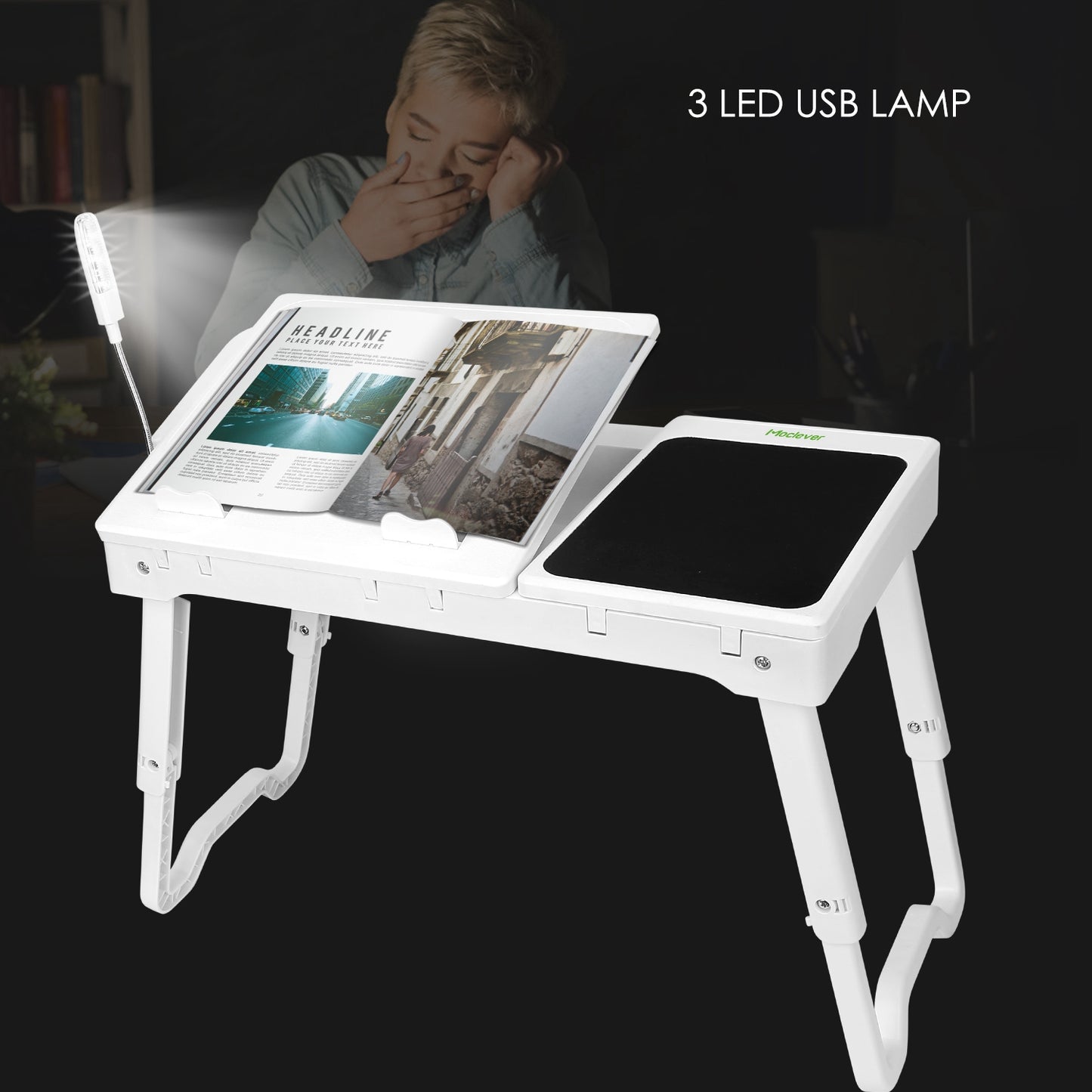 TeqHome Foldable Laptop Table Bed Notebook Desk w/Cooling Fan Mouse Board LED light 4 x USB Ports Breakfast Snacking Tray with Storage Groove For Home Office Use