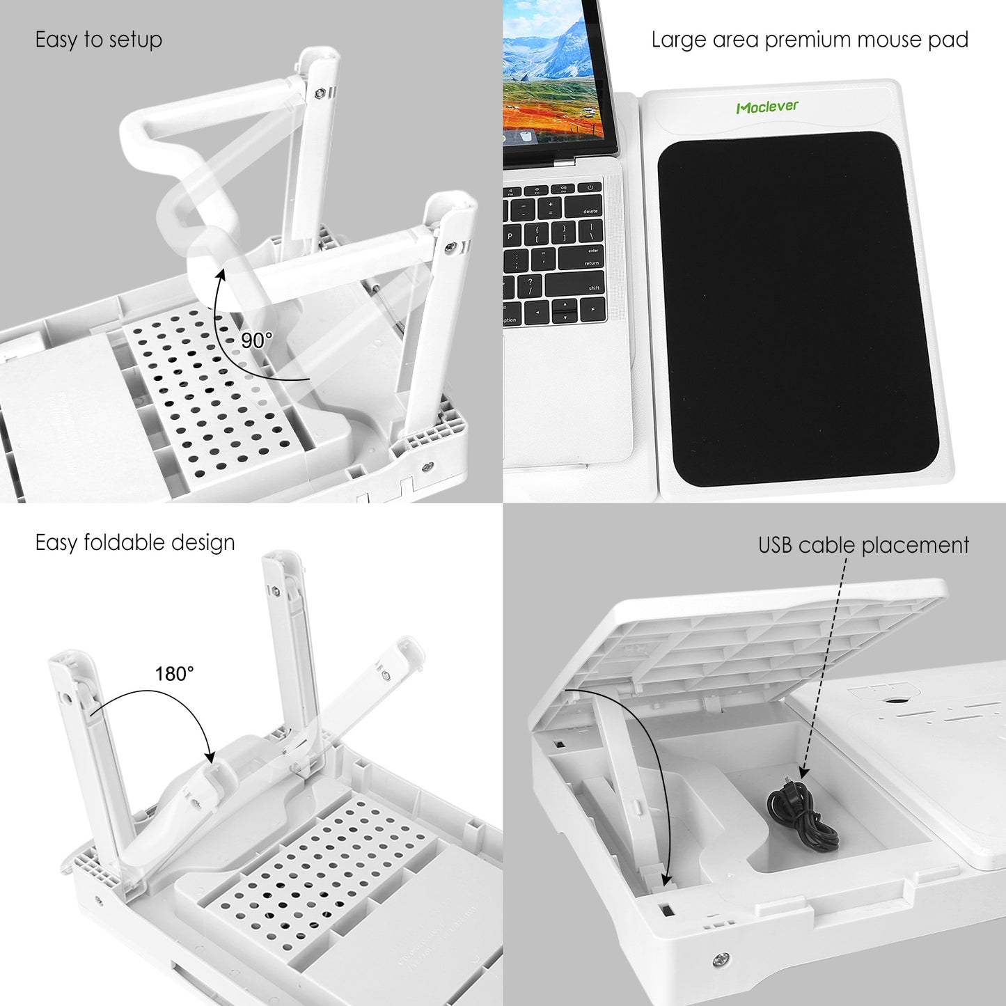 TeqHome Foldable Laptop Table Bed Notebook Desk w/Cooling Fan Mouse Board LED light 4 x USB Ports Breakfast Snacking Tray with Storage Groove For Home Office Use