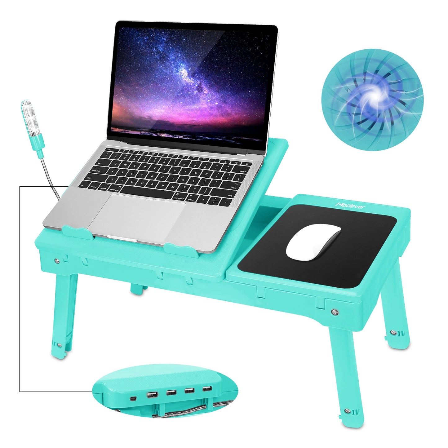 Foldable Laptop Table Bed Notebook Desk w/Cooling Fan Mouse Board LED light 4 x USB Ports Breakfast Snacking Tray with Storage Groove