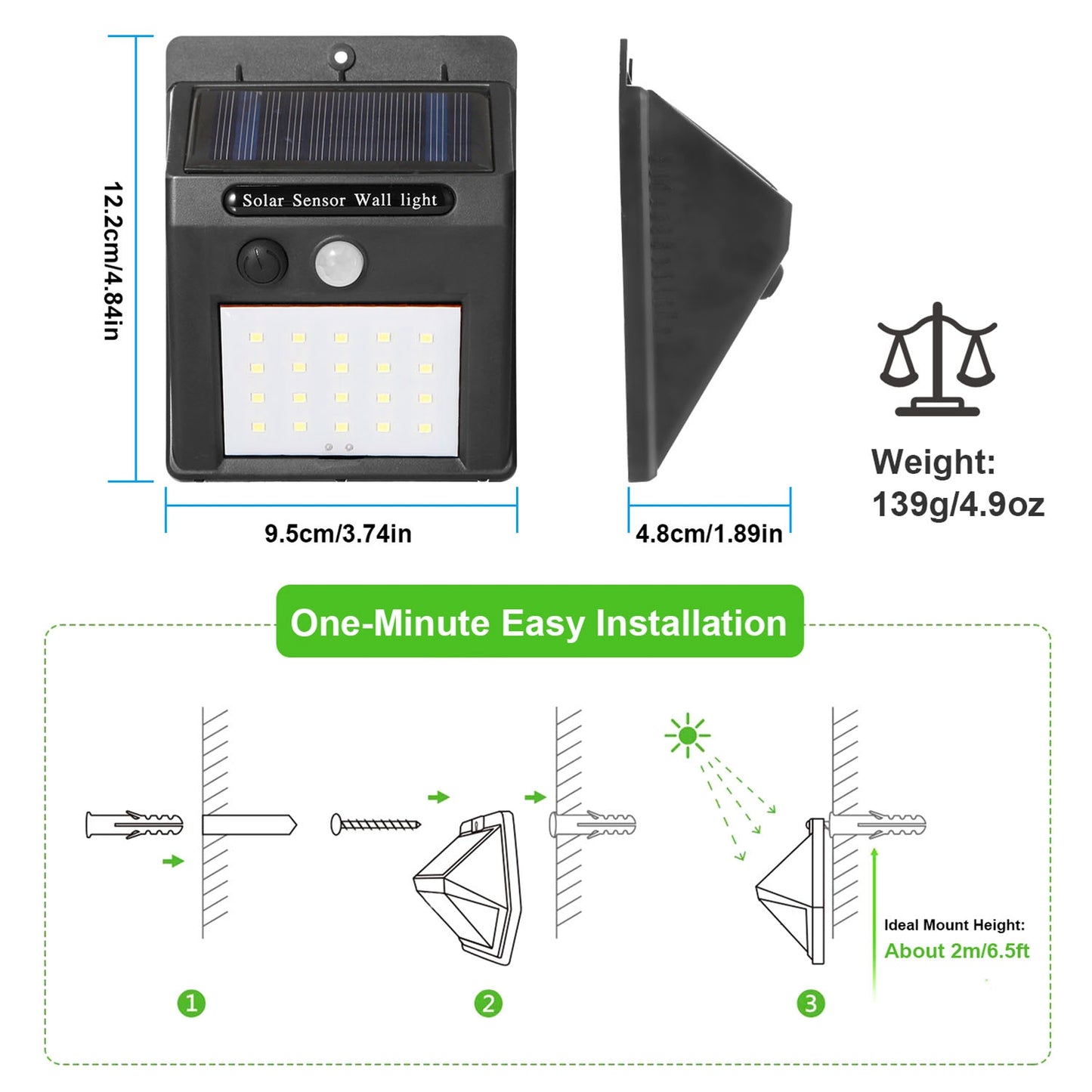Solar Light 20 LEDs Outdoor PIR Motion Sensor Lights IP65 Waterproof 120 Degree Sensing