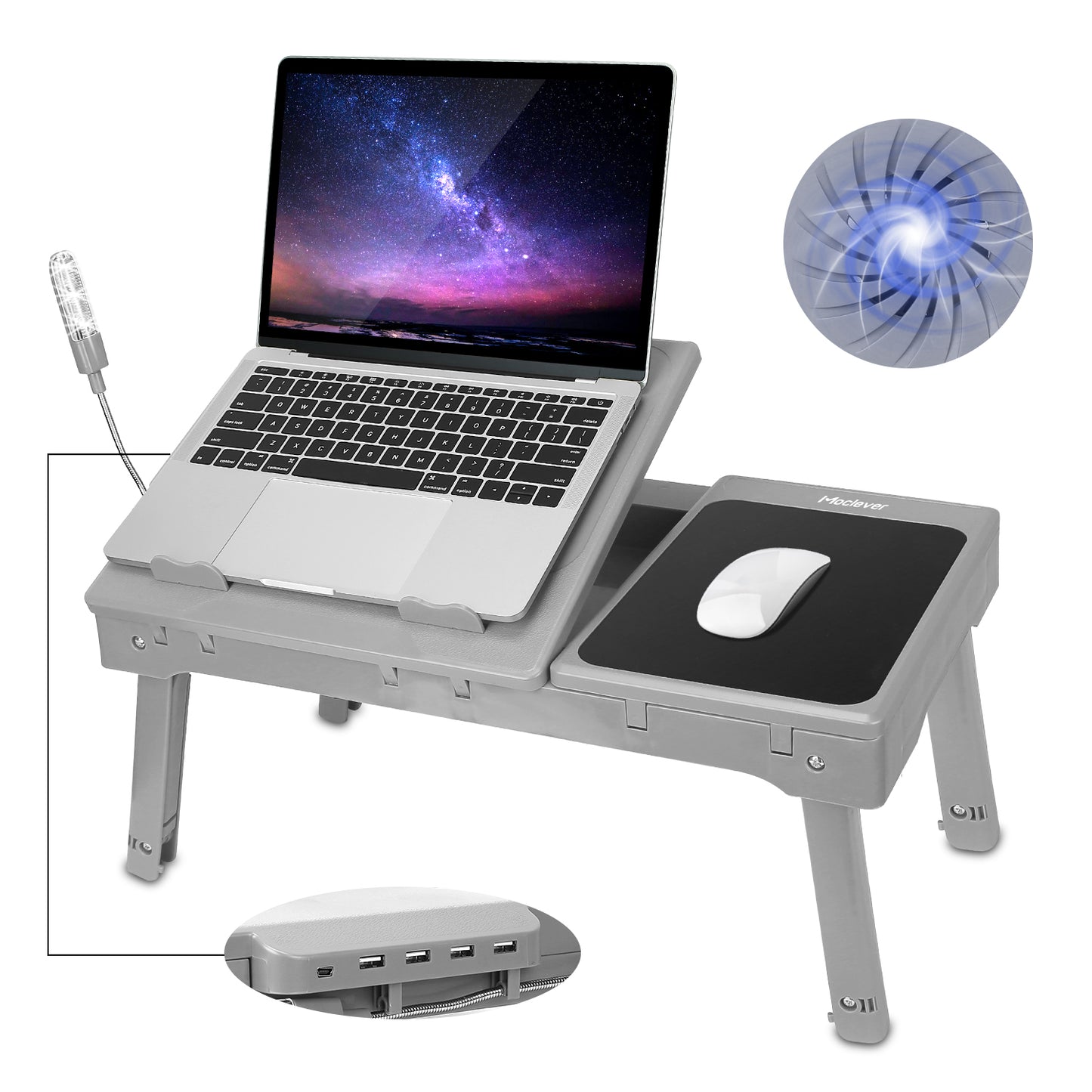 Foldable Laptop Table Bed Notebook Desk w/Cooling Fan Mouse Board LED light 4 x USB Ports Breakfast Snacking Tray with Storage Groove