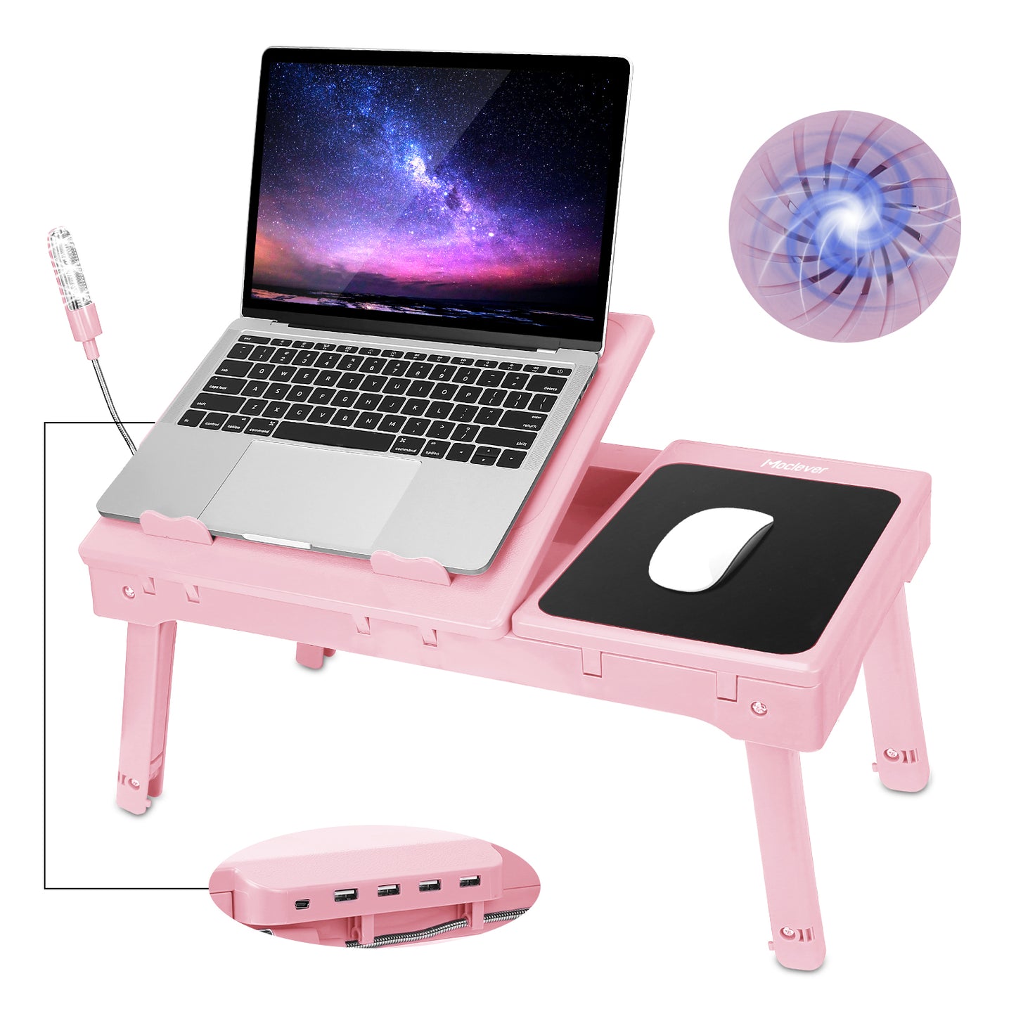 Foldable Laptop Table Bed Notebook Desk w/Cooling Fan Mouse Board LED light 4 x USB Ports Breakfast Snacking Tray with Storage Groove