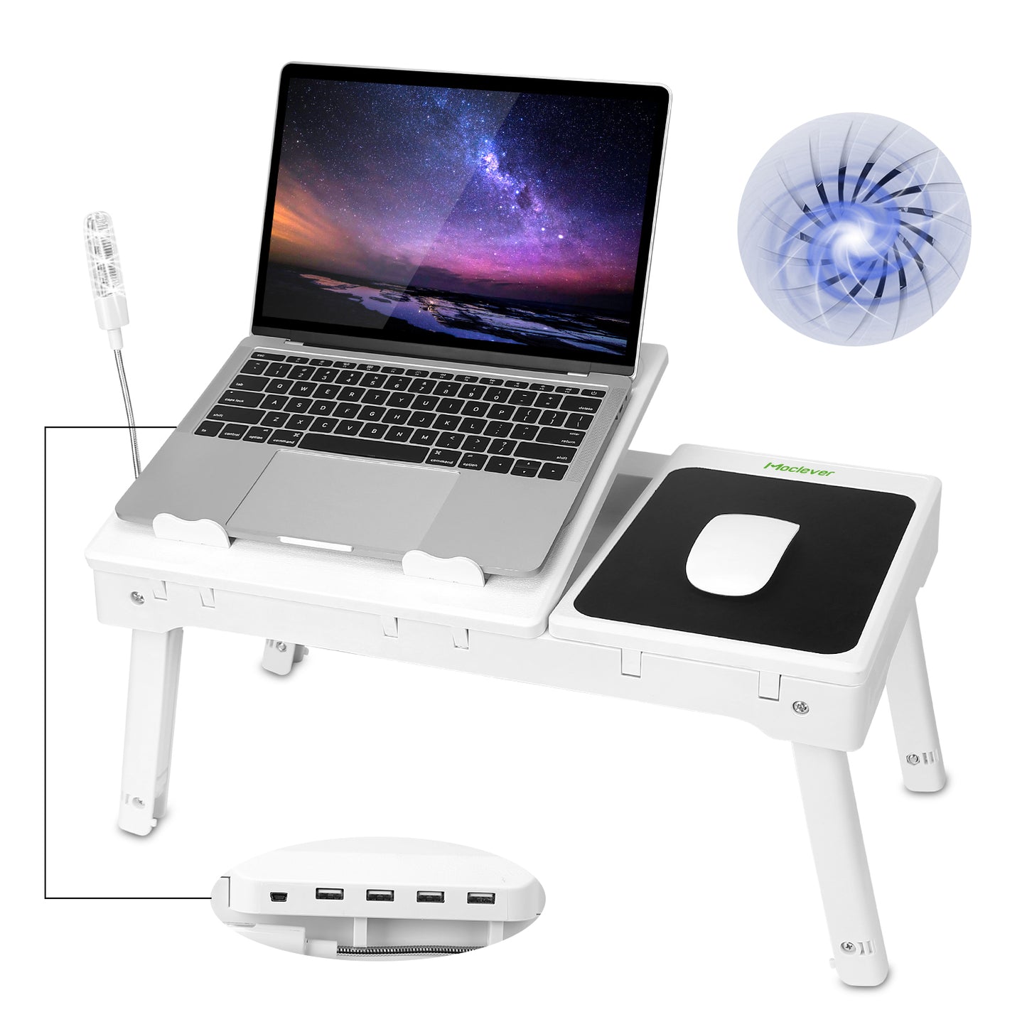 Foldable Laptop Table Bed Notebook Desk w/Cooling Fan Mouse Board LED light 4 x USB Ports Breakfast Snacking Tray with Storage Groove