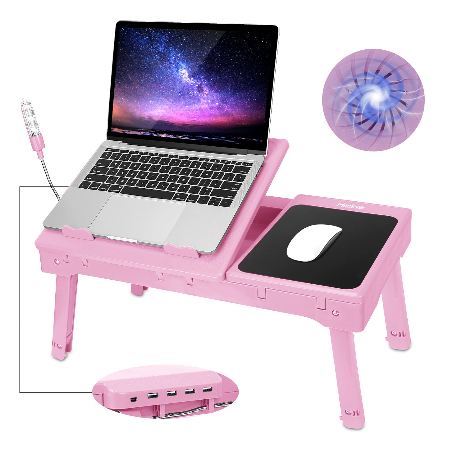 Foldable Laptop Table Bed Notebook Desk w/Cooling Fan Mouse Board LED light 4 x USB Ports Breakfast Snacking Tray with Storage Groove