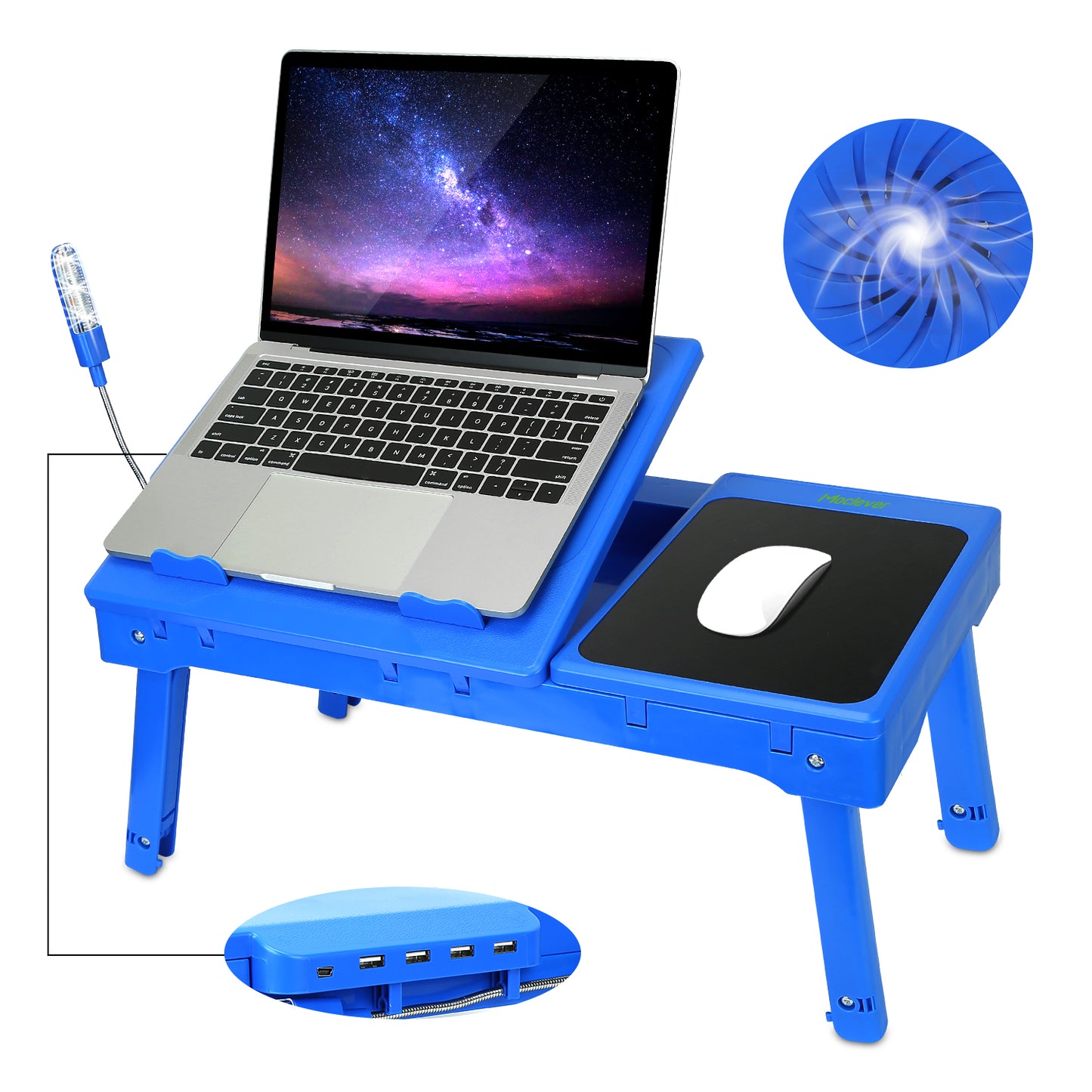 Foldable Laptop Table Bed Notebook Desk w/Cooling Fan Mouse Board LED light 4 x USB Ports Breakfast Snacking Tray with Storage Groove