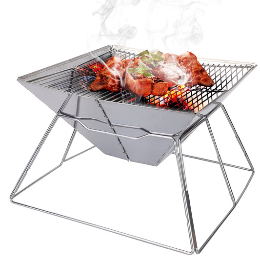 Foldable BBQ Grill Charcoal Barbecue Stove Portable Stainless Steel Campfire Stove Pit Wood Burner with Storage Bag for Camping Picnic