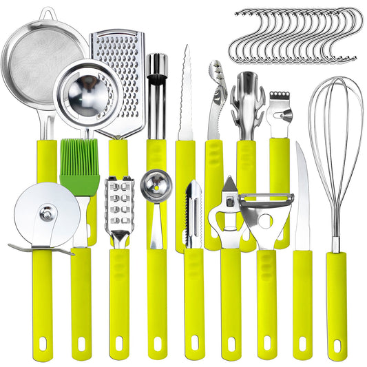 34 Pcs Kitchen Cooking Utensils Set Stainless Steel Kitchen Gadget Tools Core Removal Potato Peeler Whisk Pizza Cutter Steak Knife