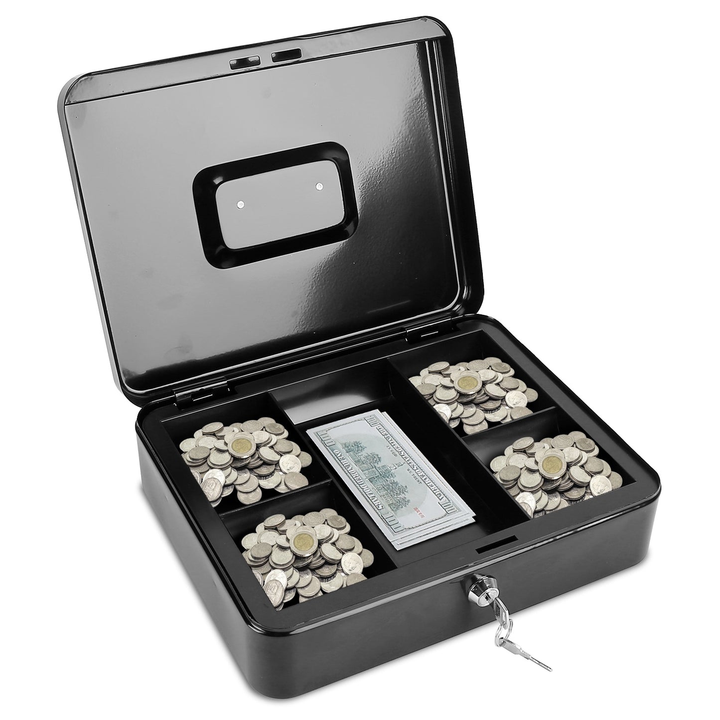 Steel Cash Box w/ Removable Tray Safe Locker Tiered Valuables Checks Jewelry Counter Cashier Drawer w/ Dual Keys