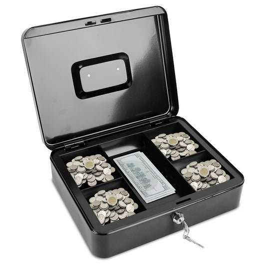 Steel Cash Box w/ Removable Tray Safe Locker Tiered Valuables Checks Jewelry Counter Cashier Drawer w/ Dual Keys
