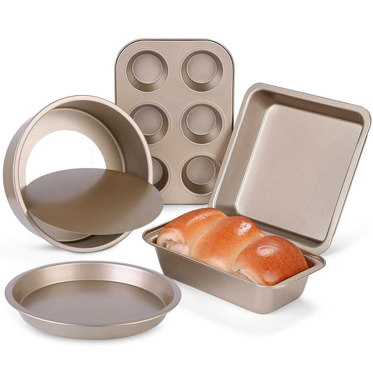 5Pcs Nonstick Bakeware Set Baking Tray Ovenware Sheet Kit w/ 6-Cup Muffin Pan Square Pan Loaf Pan Pizza Pan Live Bottom Round Cake Pan