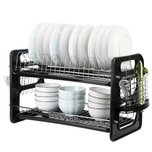 2 Tier Dish Drying Rack Drainboard Set Anti-Rust Dish Drainer Shelf Tableware Holder Cup Holder For Kitchen Counter Storage