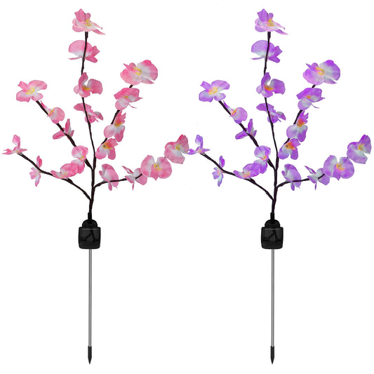 2Pcs Solar Powered Garden Light Orchid Flower Stake Lamps Waterproof LED Lawn Lights