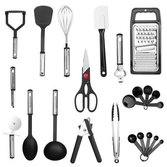 23Pcs Kitchen Utensil Set Stainless Steel Nylon Heat Resistant Cooking Utensil Tool Kit w/ Grater Scraper Tongs Whisk Can Bottle Opener Pizz