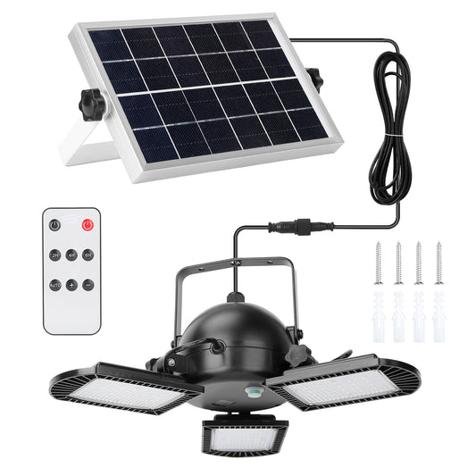 Solar Pendant Lights IP65 Waterproof Shed Light 120° Adjustable Garage Light with 3 Timing Modes 4 Brightness Levels Remote Control