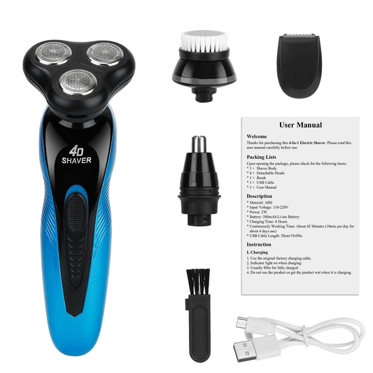 4 In 1Electric Shaver for Men IPX7 Waterproof Beard Trimmer Cordless Rechargeable Razor Beard Nose Hair Face Wet Dry