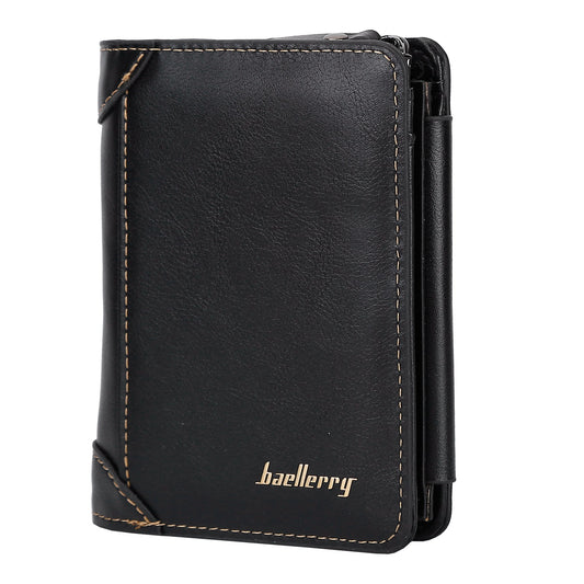 Men’s Leather Wallet ID Card Holder Purse Trifold Clutch Money Zipper with ID Window 14 Credit Card 1 ID Card