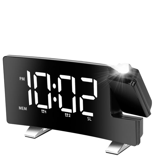 Projection Alarm Clock with Radio Function 7.7In Curved-Screen LED Digital Alarm Clock w/ Dual Alarms 4 Dimmer 12/24 Hour Blue