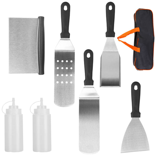 7Pcs Griddle Accessories Kit Stainless Steel BBQ Grilling Utensil Tools Outdoor Barbecue Griddle Spatulas Set for Backyard Party Tailgating