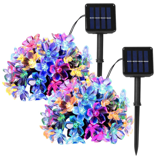2Pcs Solar Powered String Lights 50LED Beads Fairy Sakura Flower Blossom Lights IP65 Waterproof Colorful Decorative Party Christmas