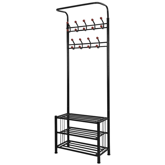 Metal Entryway Coat Shoe Rack Hall Tree w/ 3-Tier Shoe Bench Shoe Storage