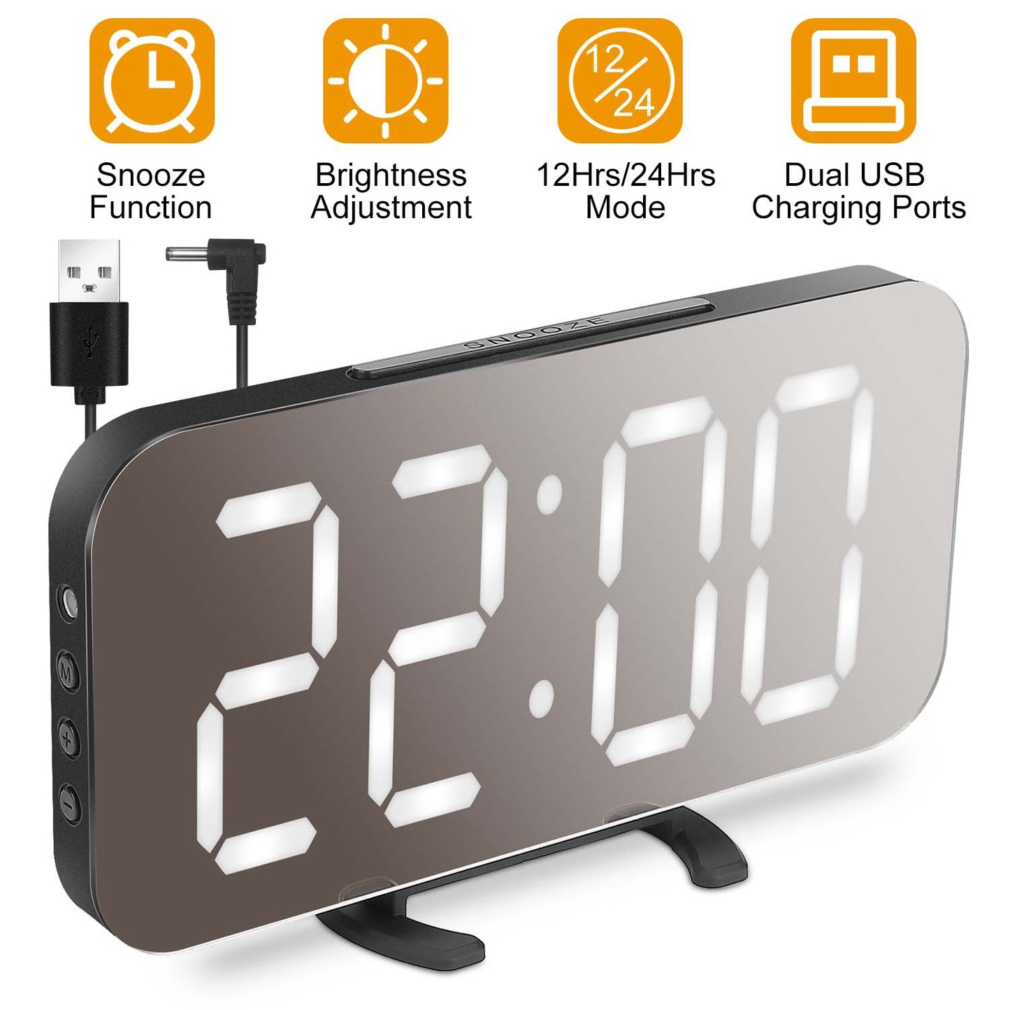 Mirror LED Alarm Clock Electronic Snooze Night Light Alarm Clock with Dimming Mode 3 Level Brightness Dual USB Ports