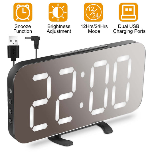 Mirror LED Alarm Clock Electronic Snooze Night Light Alarm Clock with Dimming Mode 3 Level Brightness Dual USB Ports
