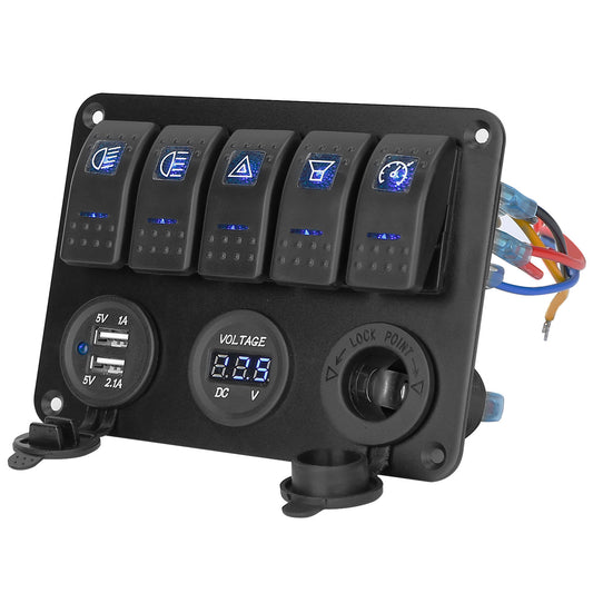 5 Gang Marine Panel Switch Digital Voltmeter ON-OFF Toggle Rocker Aluminum Panel LED Display Dual USB Charger Switch Panel For 12/24V Car