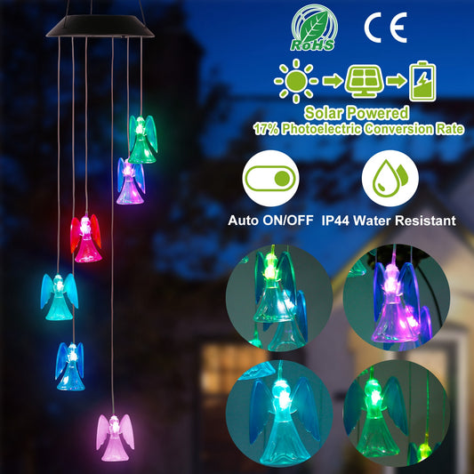 Solar Powered Angel Lights Wind Chimes LED Color Changing Hanging Wind Lamp Water Resistant Decorative Night Lamp