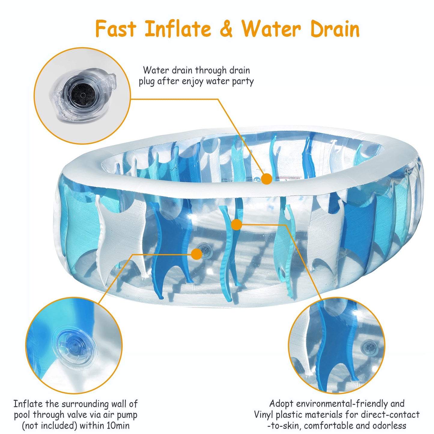 90x60x20in Inflatable Swimming Pool Blow Up Family Pool For Kids Foldable