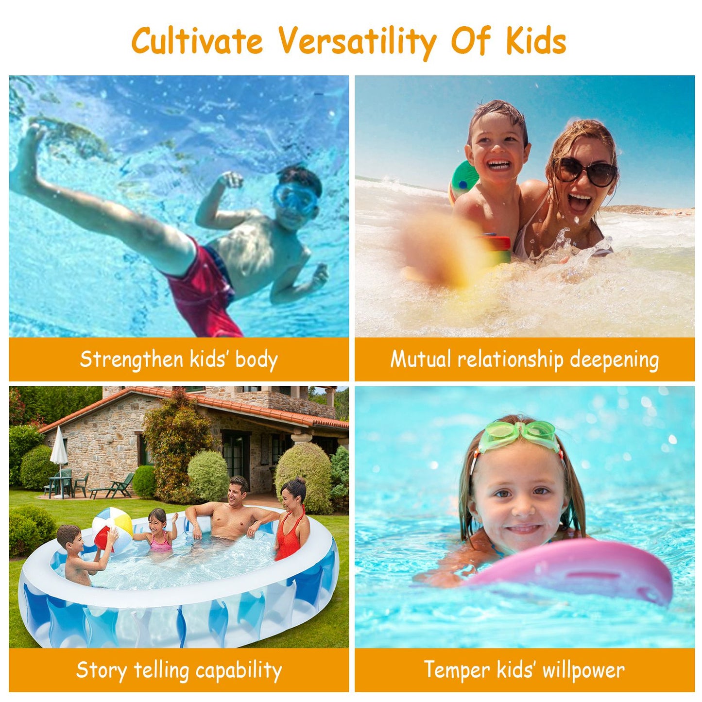 90x60x20in Inflatable Swimming Pool Blow Up Family Pool For Kids Foldable