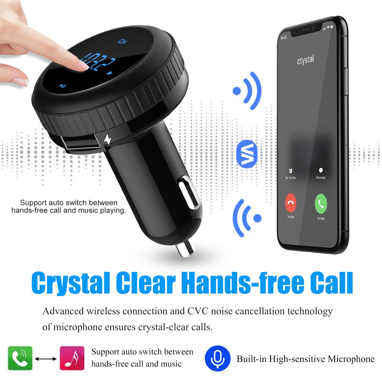 Quick Charge 3.0 Car Charger Wireless 4.2 FM Transmitter 23W 3A Dual USB
