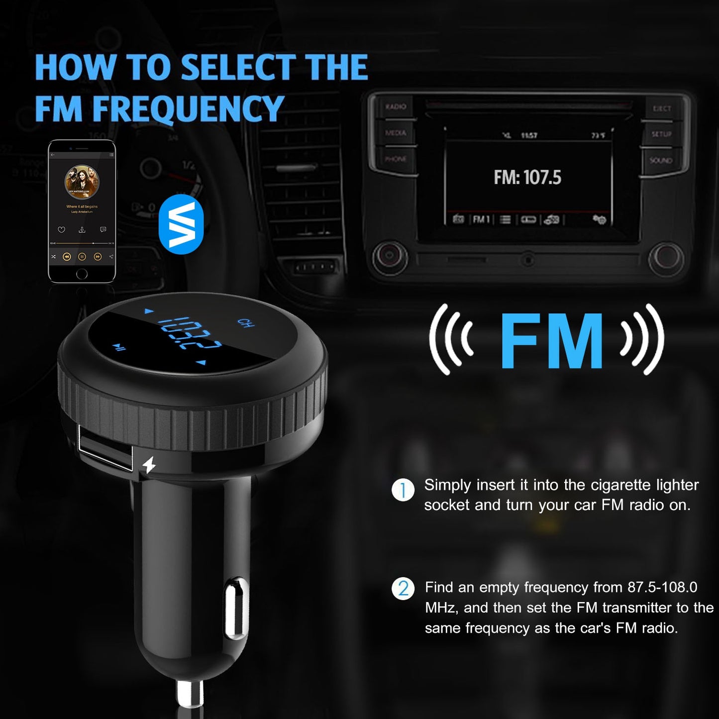 Quick Charge 3.0 Car Charger Wireless 4.2 FM Transmitter 23W 3A Dual USB