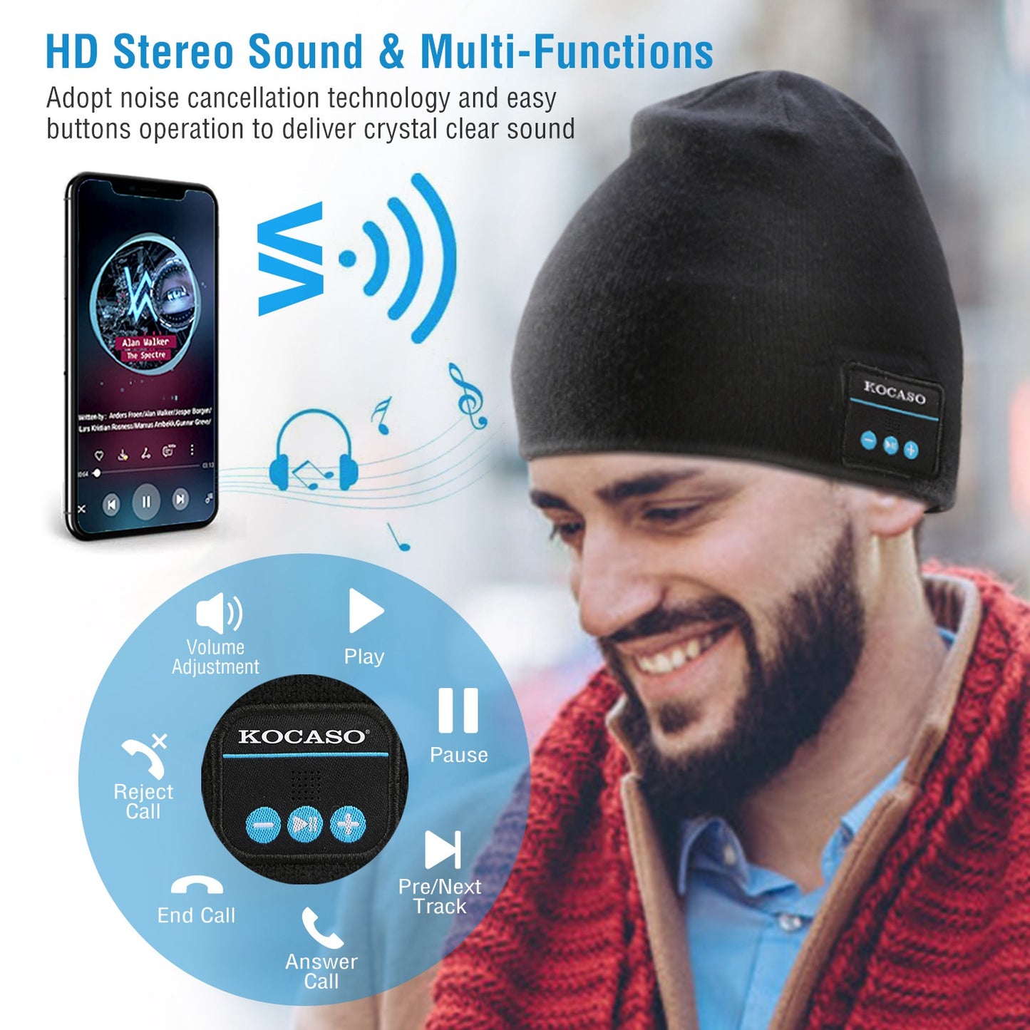 Soft Wireless Beanie Headphone Hat Wireless V4.2 Noise Cancellation