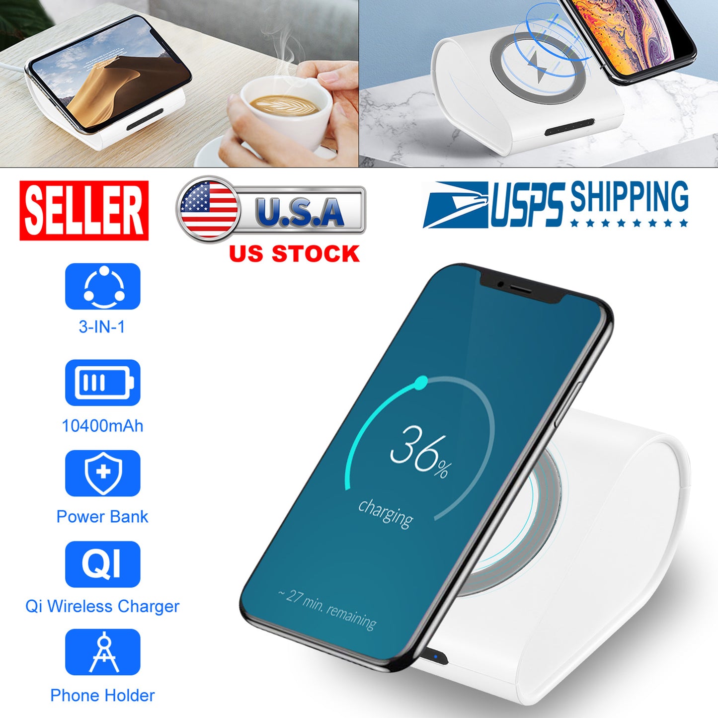 Qi Wireless Charger 10400mAh Power Bank 5W Wireless Charger Pad