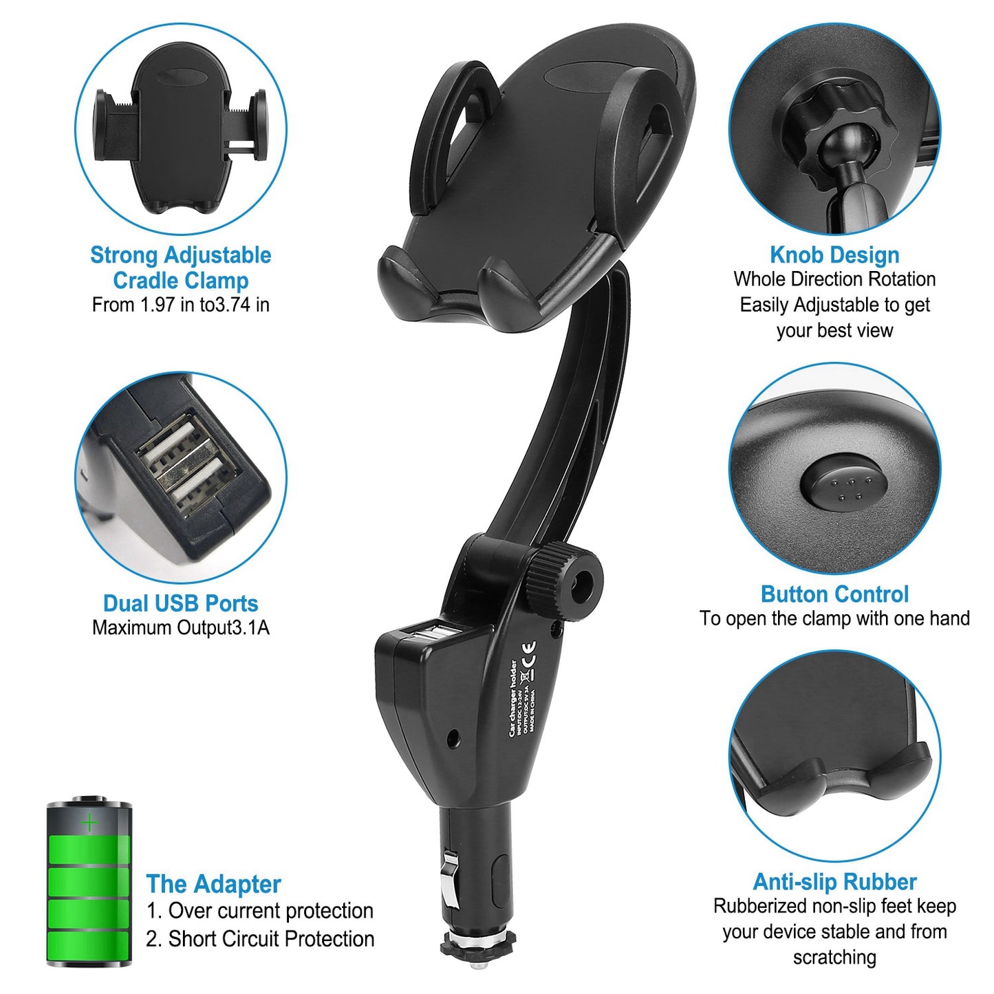 360 Degree Rotation Car Phone Mount 3.1A Dual USB Cigarette Lighter